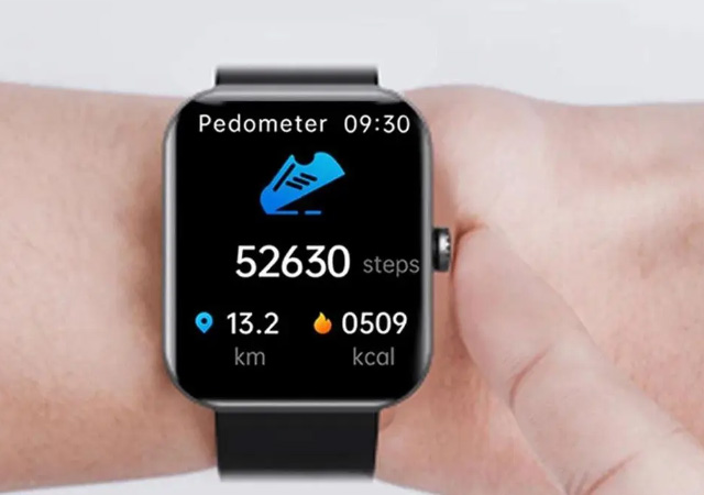 Senior adult checking wellness information on Fitsenso TrackPro smartwatch